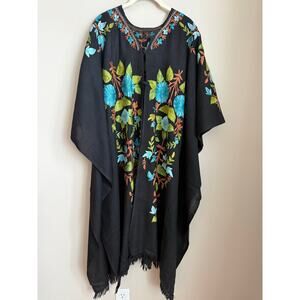 Black Floral Embroidered Shawl Wrap Kaftan One Size | Bohemian Wearable Art
